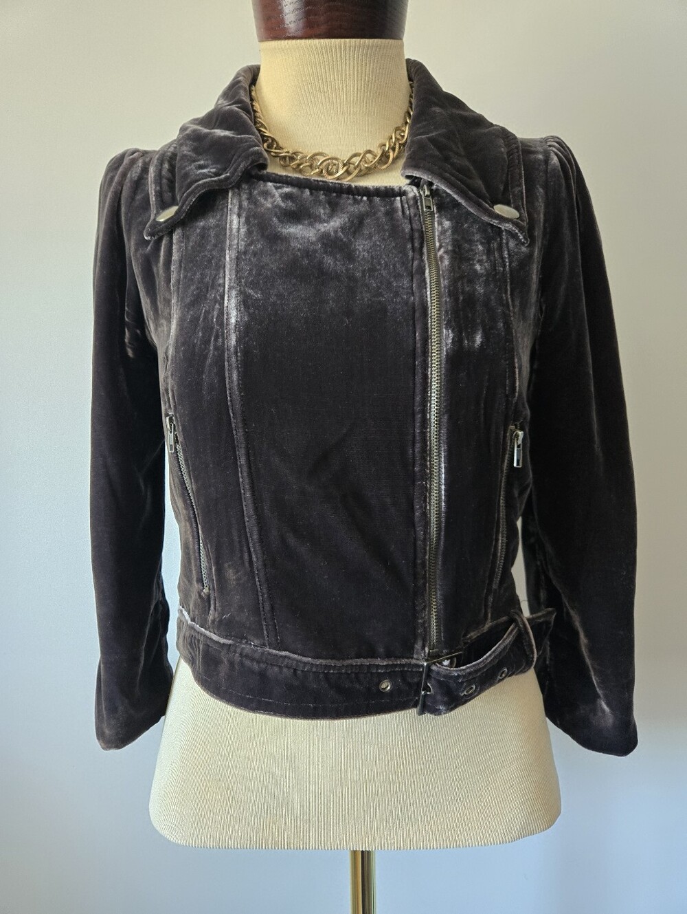 Madison Marcus Silk And Rayon Charcoal Velvet Asymmetrical Moto Jacket. Small